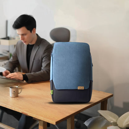 Lifestyle image of Timus Magnet Overnighter blue backpack highlighting its stylish and modern travel-ready appeal.
