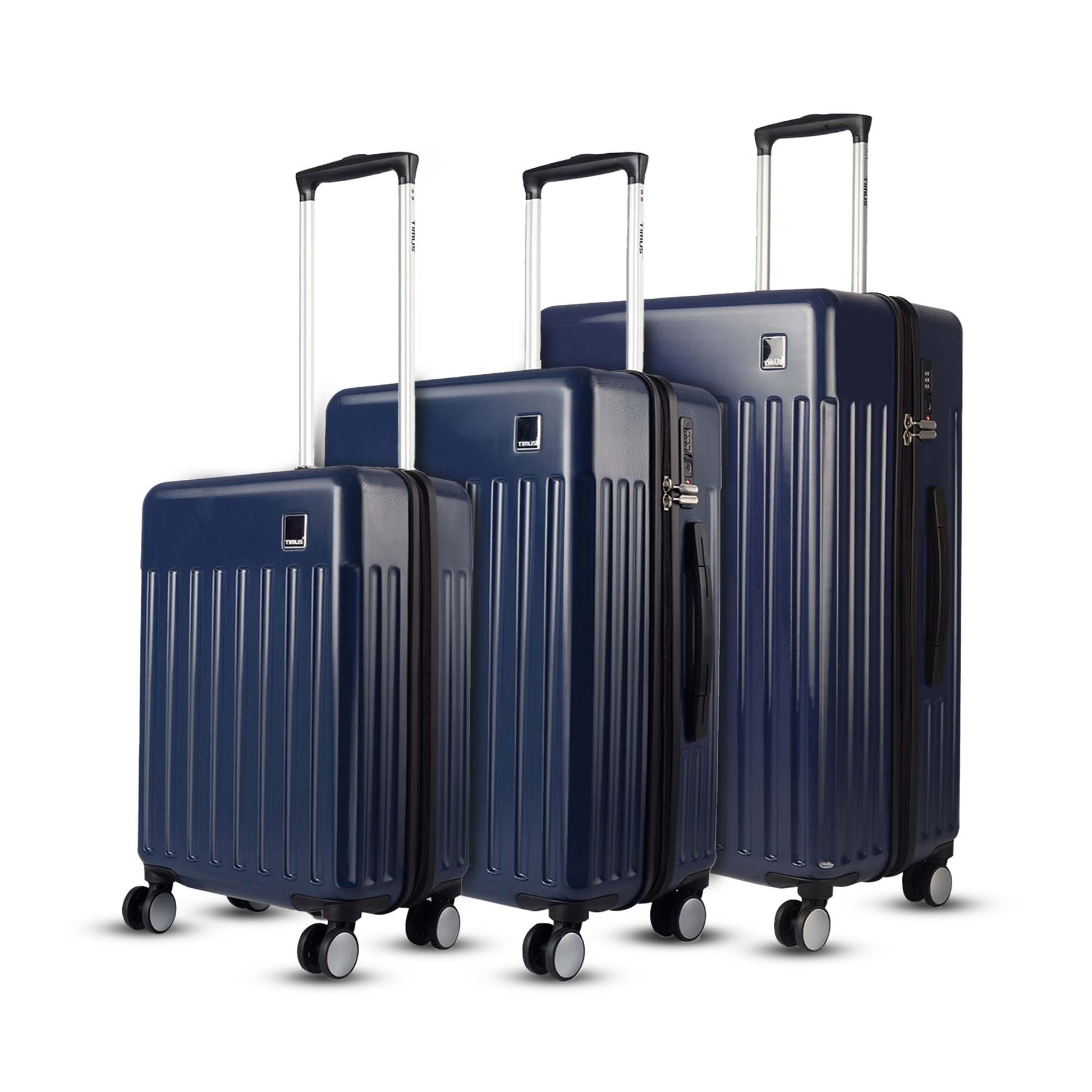 Three-piece combo view of Timus Neolite navy blue 58 cm, 68 cm, and 78 cm luggage set featuring matching ribbed shell, telescopic handles, and 360-degree dual spinner wheels on a white background.