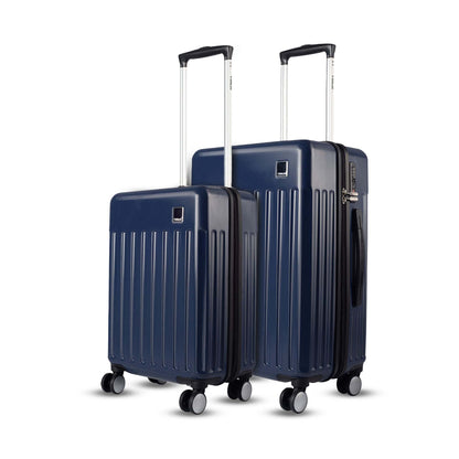 Combo view of Timus Neolite navy blue 58 cm and 68 cm trolley luggage showcasing ribbed finish, smooth dual spinner wheels, and extended telescopic handles on a white background.