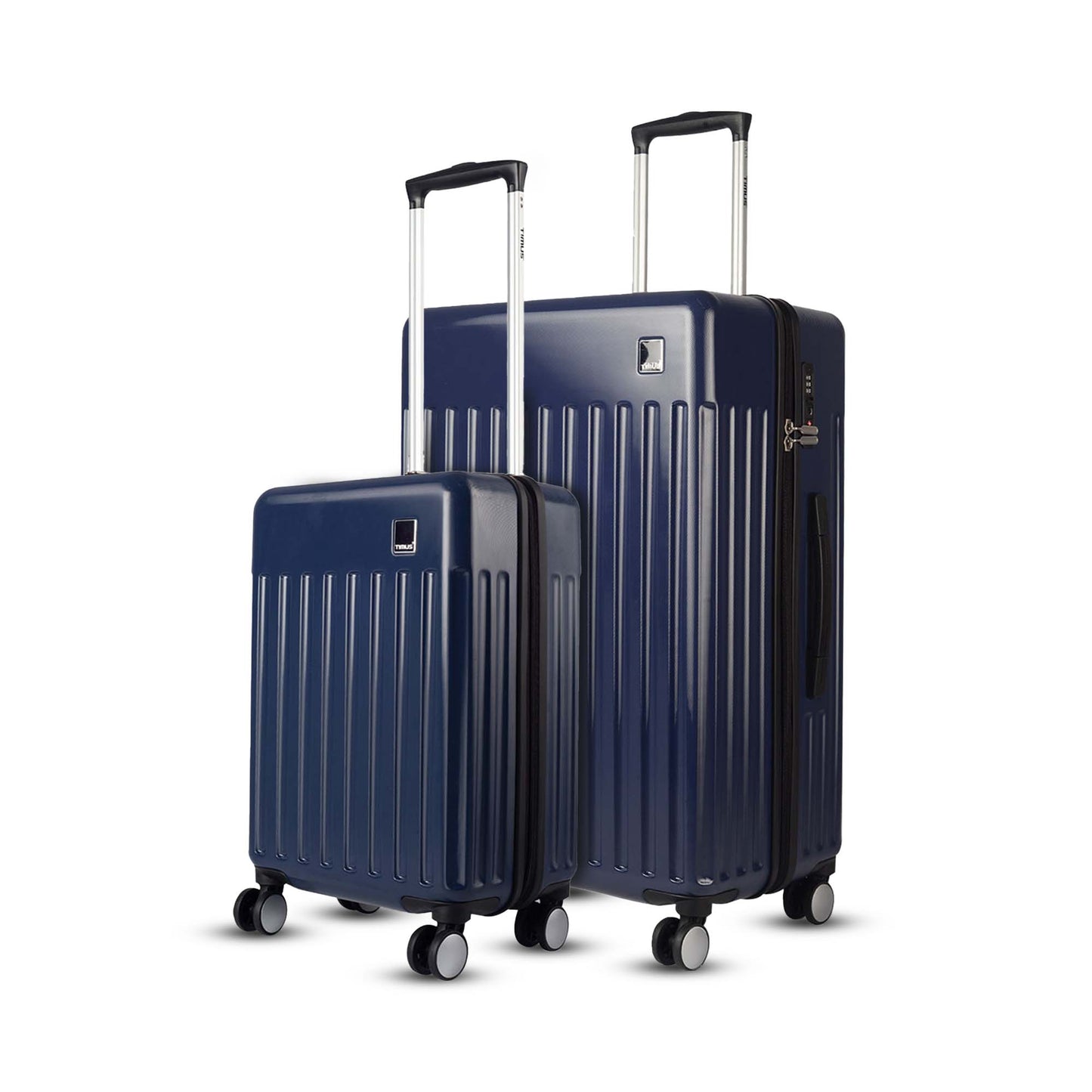 Combo view of Timus Neolite navy blue 58 cm and 78 cm hard trolley luggage highlighting vertical texture, spinner wheels, and extended handles on a white background.