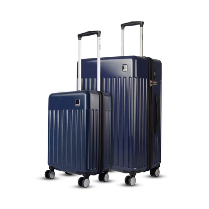 Combo view of Timus Neolite navy blue 58 cm and 78 cm hard trolley luggage highlighting vertical texture, spinner wheels, and extended handles on a white background.