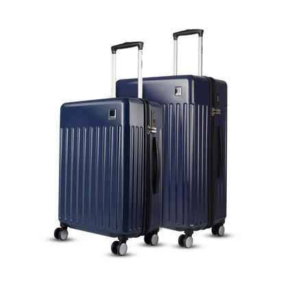 Combo view of Timus Neolite navy blue 68 cm and 78 cm luggage featuring textured ribbed design, 360-degree spinner wheels, and sleek dual-tone handles on a white background.
