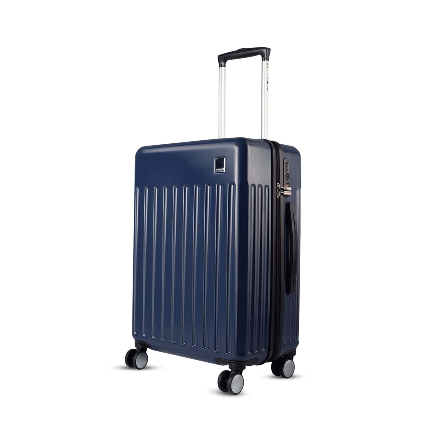 Left angled view of Timus Neolite navy blue hard 68 cm shell cabin trolley luggage featuring four double spinner wheels, adjustable telescopic handle, and vertical ribbed design on a white background.