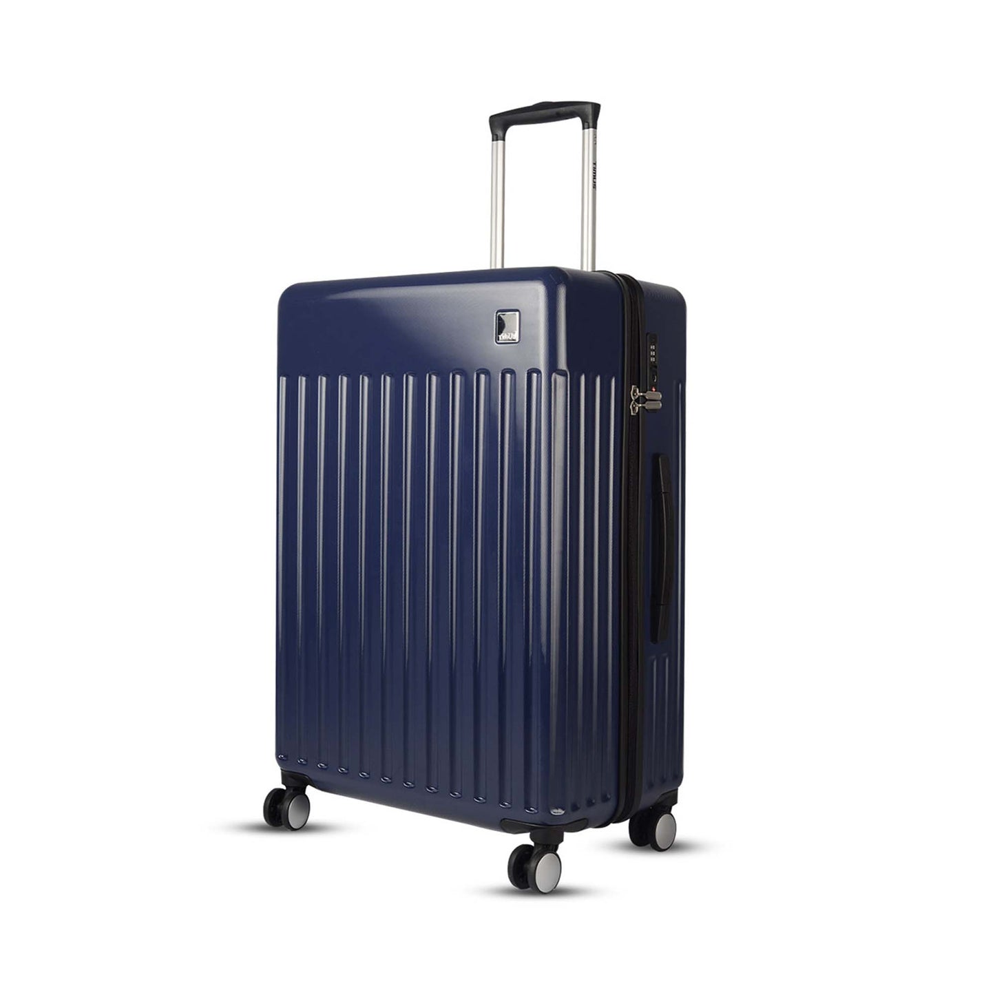 Left angled view of Timus Neolite navy blue hard shell  78 cm cabin trolley luggage featuring four double spinner wheels, adjustable telescopic handle, and vertical ribbed design on a white background.