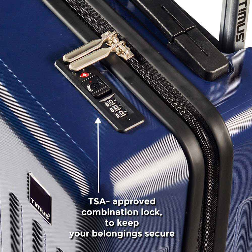 Close-up of Timus Neolite navy blue hard shell luggage showing TSA-approved combination lock and premium zipper closure.