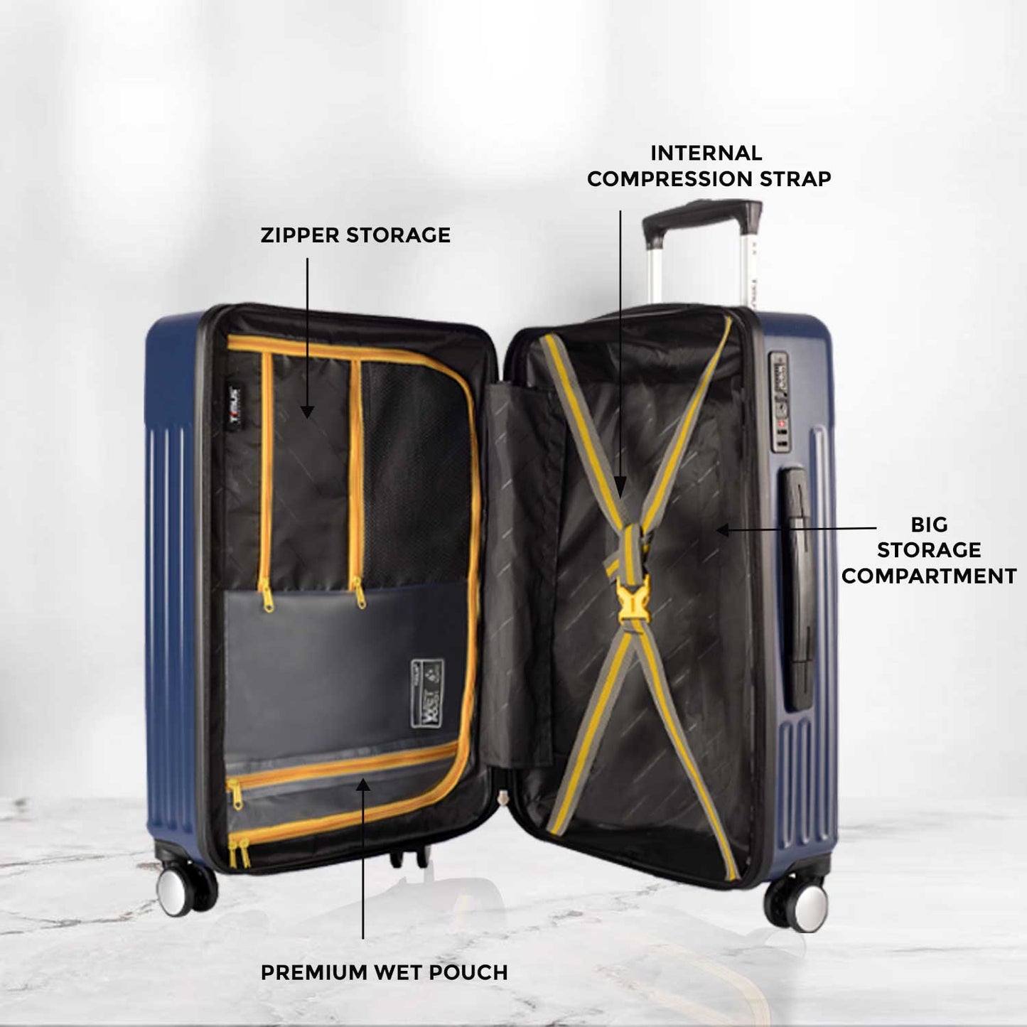 Open view of Timus Neolite navy blue hard shell luggage showing spacious storage compartment with compression straps and zipper pockets.