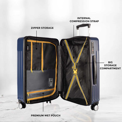Open view of Timus Neolite navy blue hard shell luggage showing spacious storage compartment with compression straps and zipper pockets.