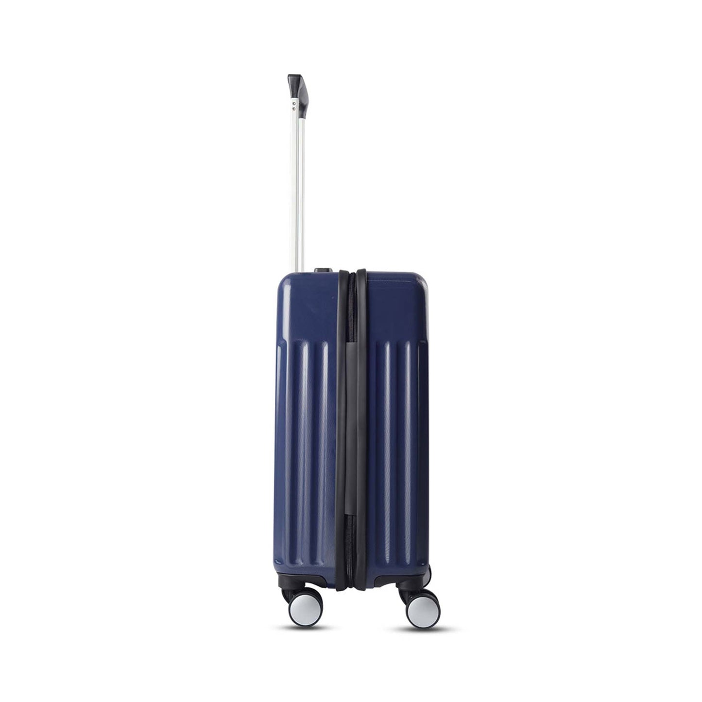 Right side view of Timus Neolite navy blue hard shell cabin trolley luggage showing extended handle, smooth spinner wheels, and minimal vertical texture.