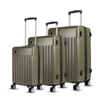 Three-piece combo view of Timus Neolite olive green 58 cm, 68 cm, and 78 cm luggage with uniform ribbed shell design, telescopic handles, and 360-degree spinner wheels on a white background.
