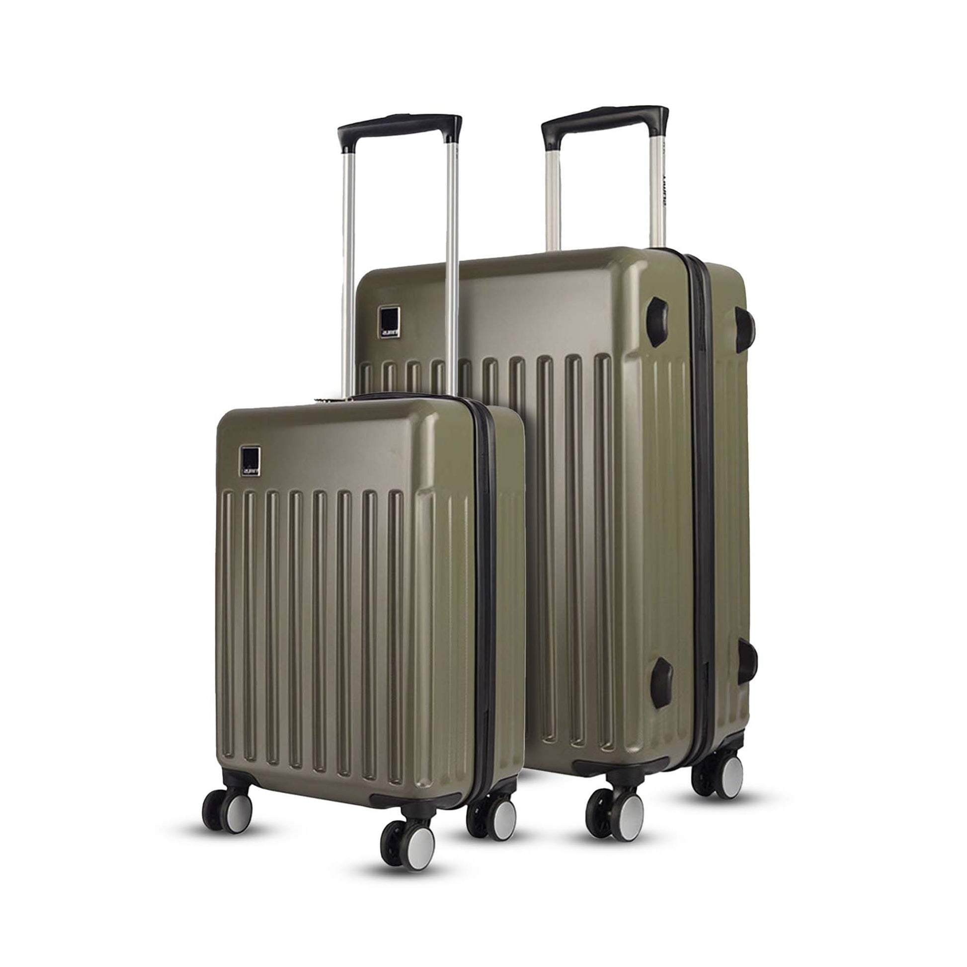 Combo view of Timus Neolite olive green 58 cm and 68 cm hard shell trolley luggage showcasing ribbed texture, double spinner wheels, and adjustable handles on a white background.