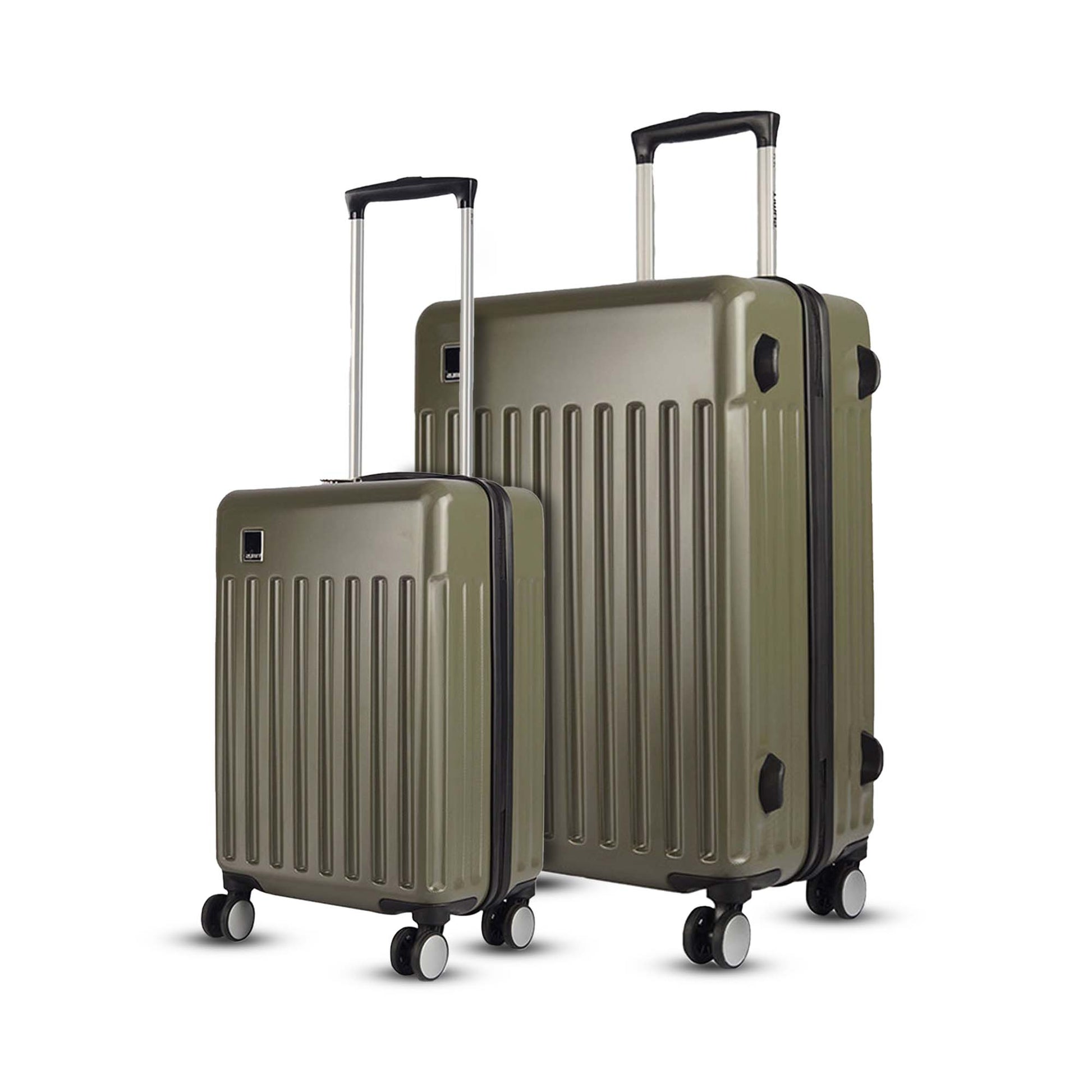 Combo view of Timus Neolite olive green 58 cm and 78 cm hard luggage showing modern design, dual spinner wheels, and side handle on a white background.