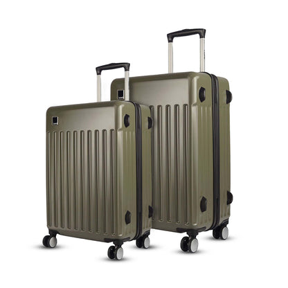 Combo view of Timus Neolite olive green 68 cm and 78 cm luggage featuring vertical ribbed texture, telescopic handles, and durable spinner wheels on a white background.