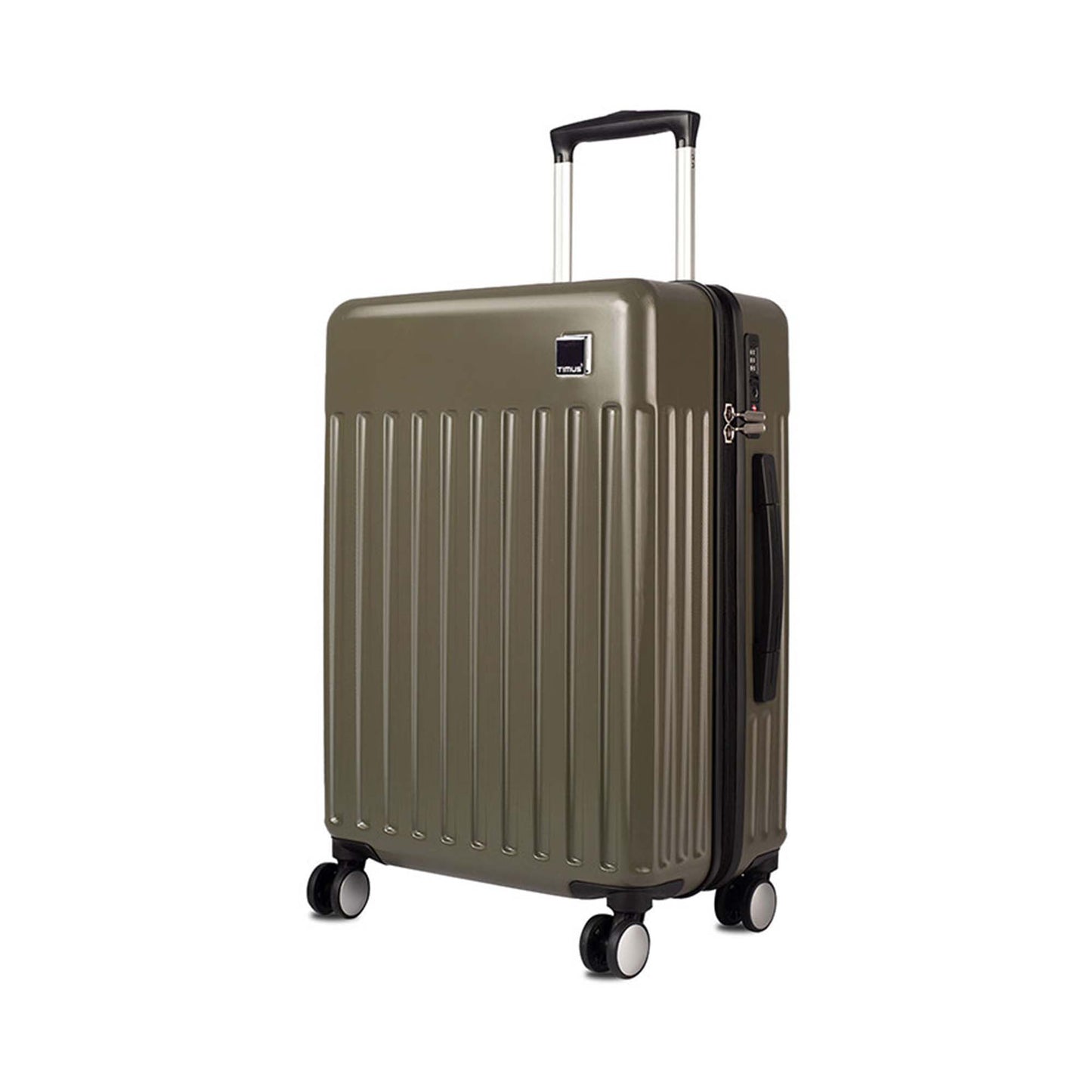 Left side angled view of Timus Neolite 68 cm olive green hard shell cabin trolley luggage featuring double spinner wheels, telescopic handle, and vertical ribbed design on a white background.