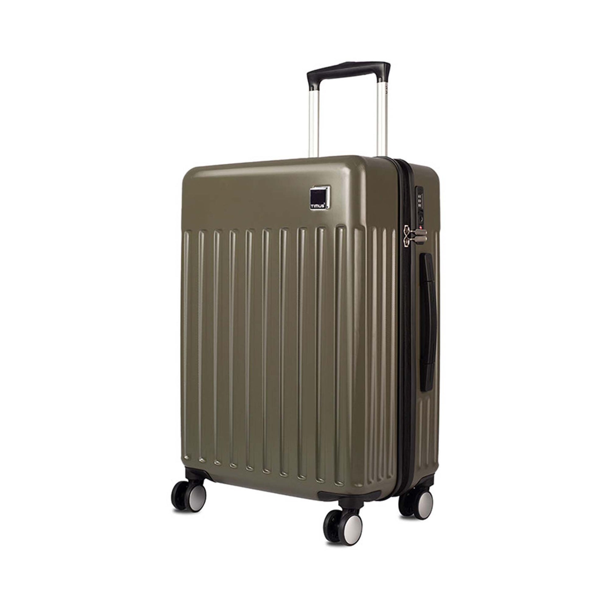 Left side angled view of Timus Neolite 68 cm olive green hard shell cabin trolley luggage featuring double spinner wheels, telescopic handle, and vertical ribbed design on a white background.