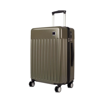 Left side angled view of Timus Neolite 68 cm olive green hard shell cabin trolley luggage featuring double spinner wheels, telescopic handle, and vertical ribbed design on a white background.