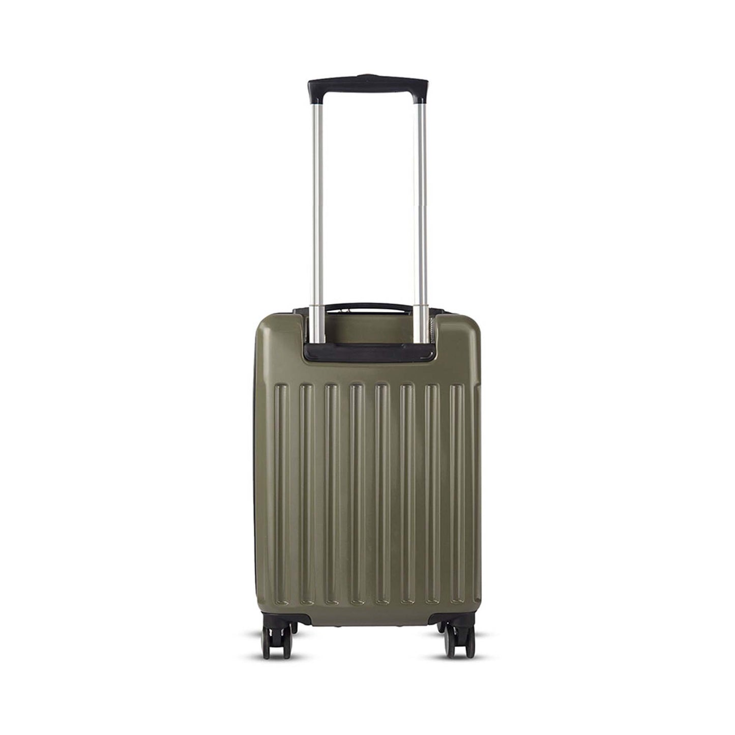 Backside view of Timus Neolite olive green hard shell cabin trolley luggage with adjustable telescopic handle and smooth spinner wheels on a white background.