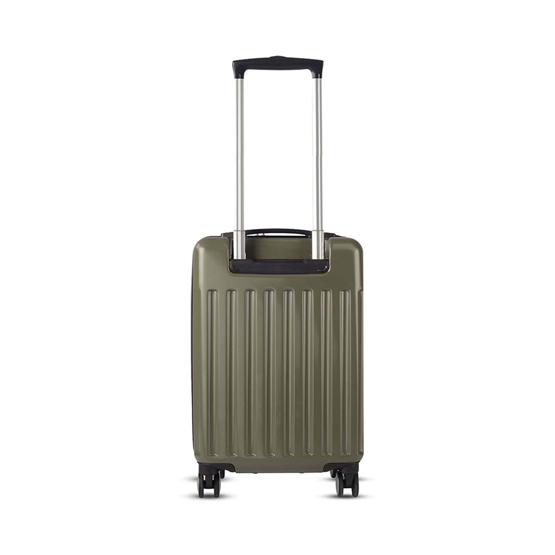Backside view of Timus Neolite olive green hard shell cabin trolley luggage with adjustable telescopic handle and smooth spinner wheels on a white background.