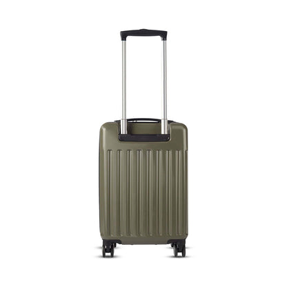 Backside view of Timus Neolite olive green hard shell cabin trolley luggage with adjustable telescopic handle and smooth spinner wheels on a white background.