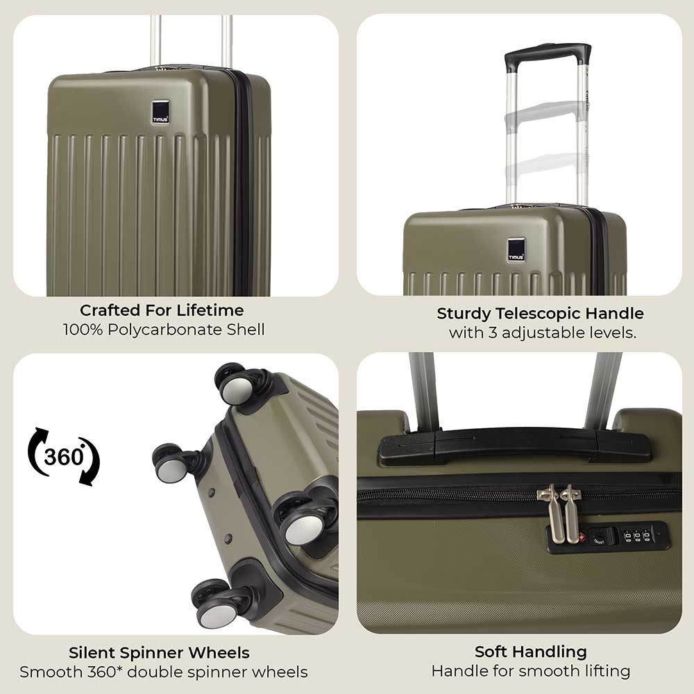 Collage showing premium features of Timus Neolite olive green luggage including spinner wheels, polycarbonate shell, TSA lock, and telescopic handle.