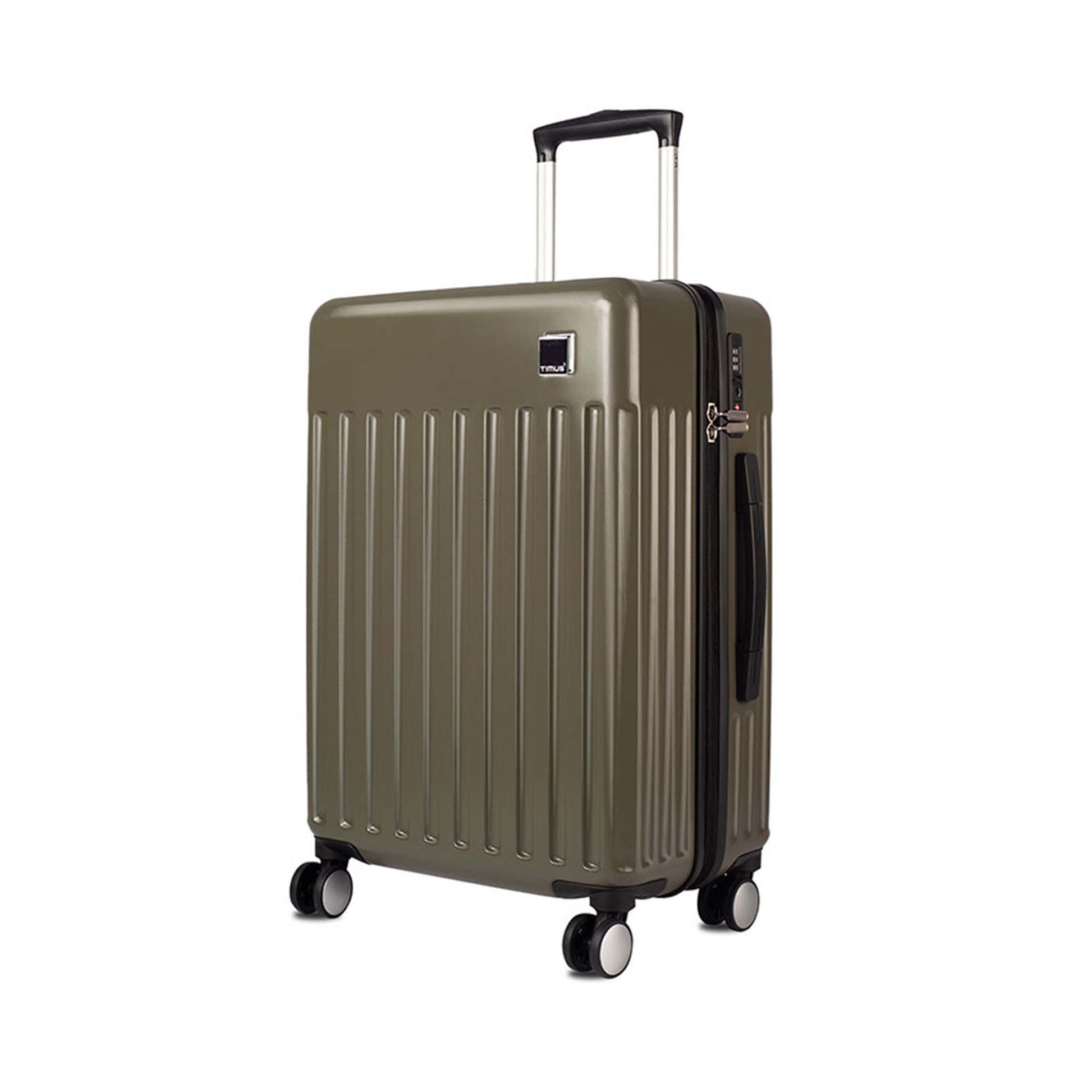 Left side angled view of Timus Neolite olive green 78 cm
hard shell cabin trolley luggage featuring double spinner wheels, telescopic handle, and vertical ribbed design on a white background.