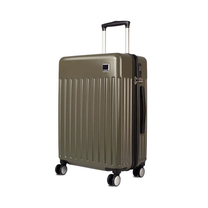 Left side angled view of Timus Neolite olive green 78 cm
hard shell cabin trolley luggage featuring double spinner wheels, telescopic handle, and vertical ribbed design on a white background.
