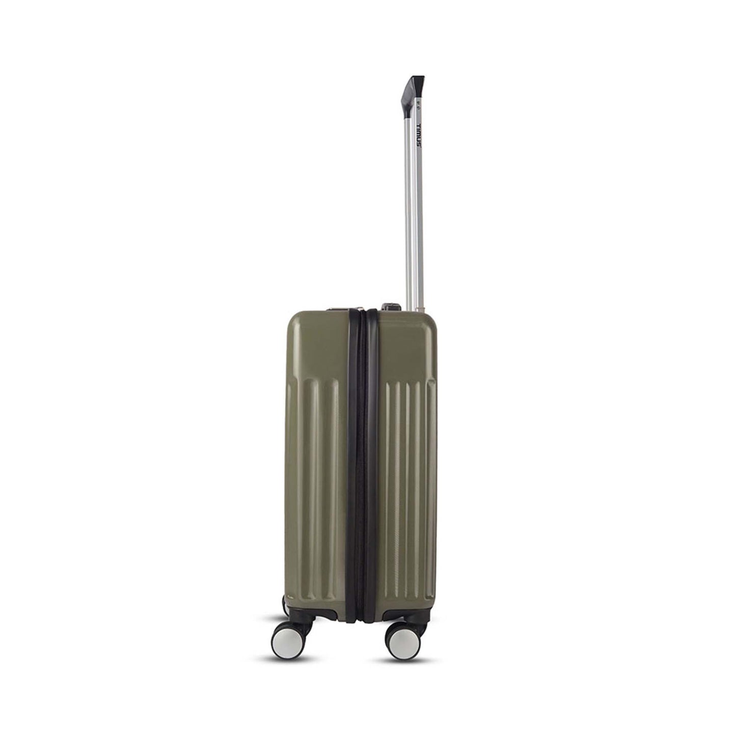 Left side view of Timus Neolite olive green hard shell cabin trolley luggage with extended telescopic handle and four spinner wheels on a white background.