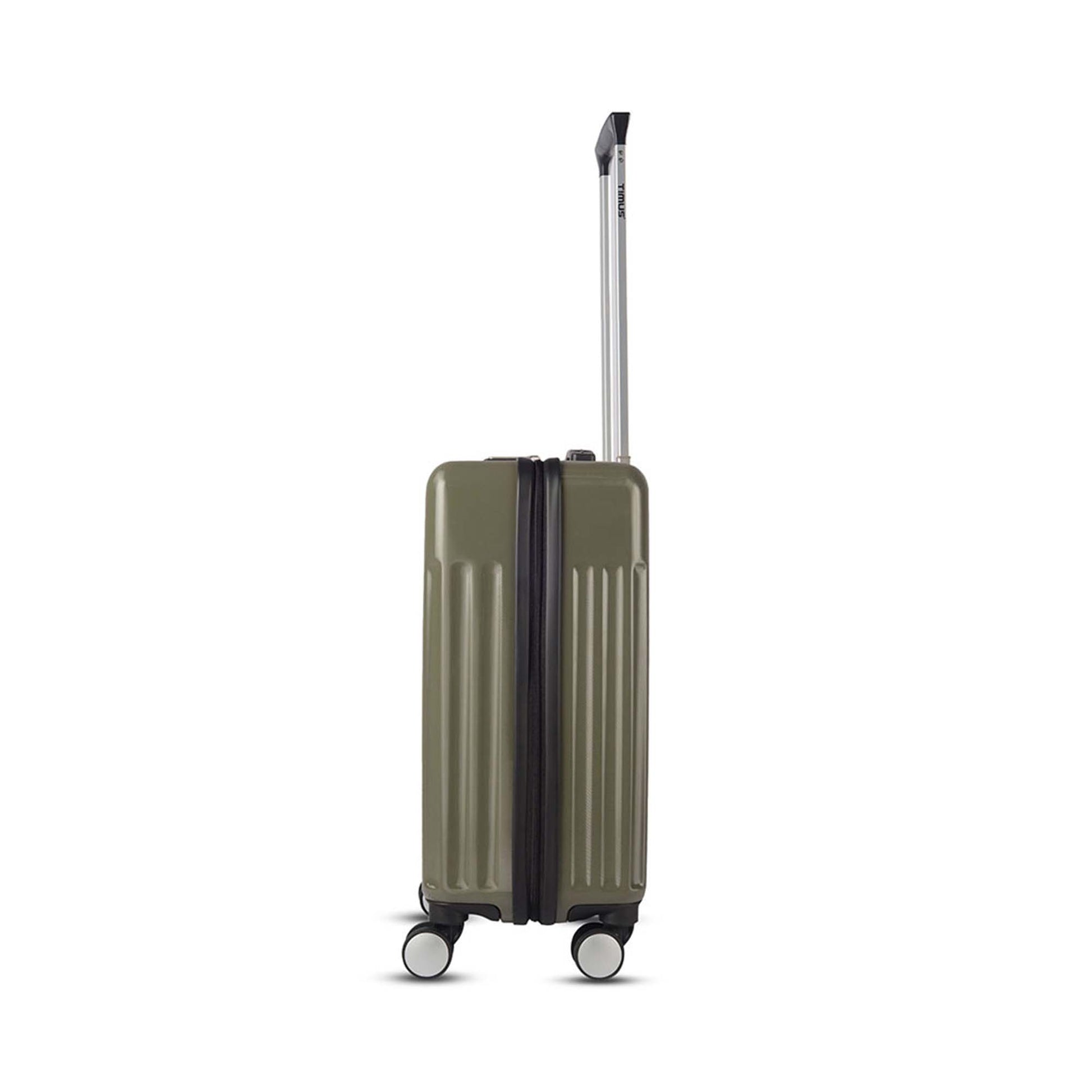Left side view of Timus Neolite olive green hard shell cabin trolley luggage with extended telescopic handle and four spinner wheels on a white background.