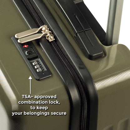 Close-up of Timus Neolite olive green hard shell luggage showing TSA-approved lock and smooth zipper detailing.