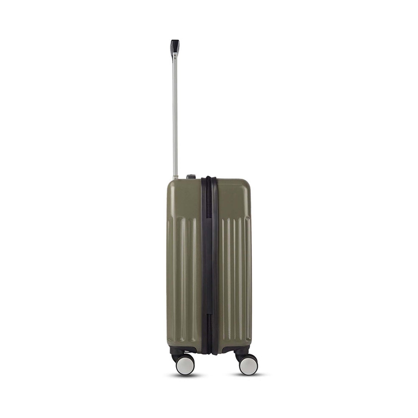 Right side view of Timus Neolite olive green hard shell cabin trolley luggage featuring extended telescopic handle and spinner wheels on a white background.