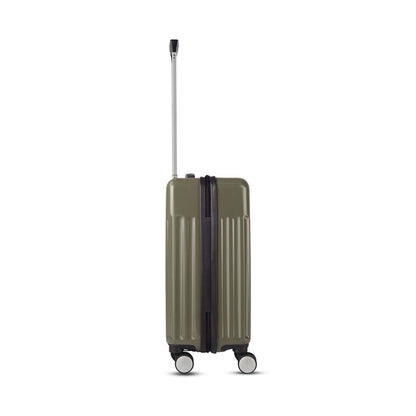 Right side view of Timus Neolite olive green hard shell cabin trolley luggage featuring extended telescopic handle and spinner wheels on a white background.