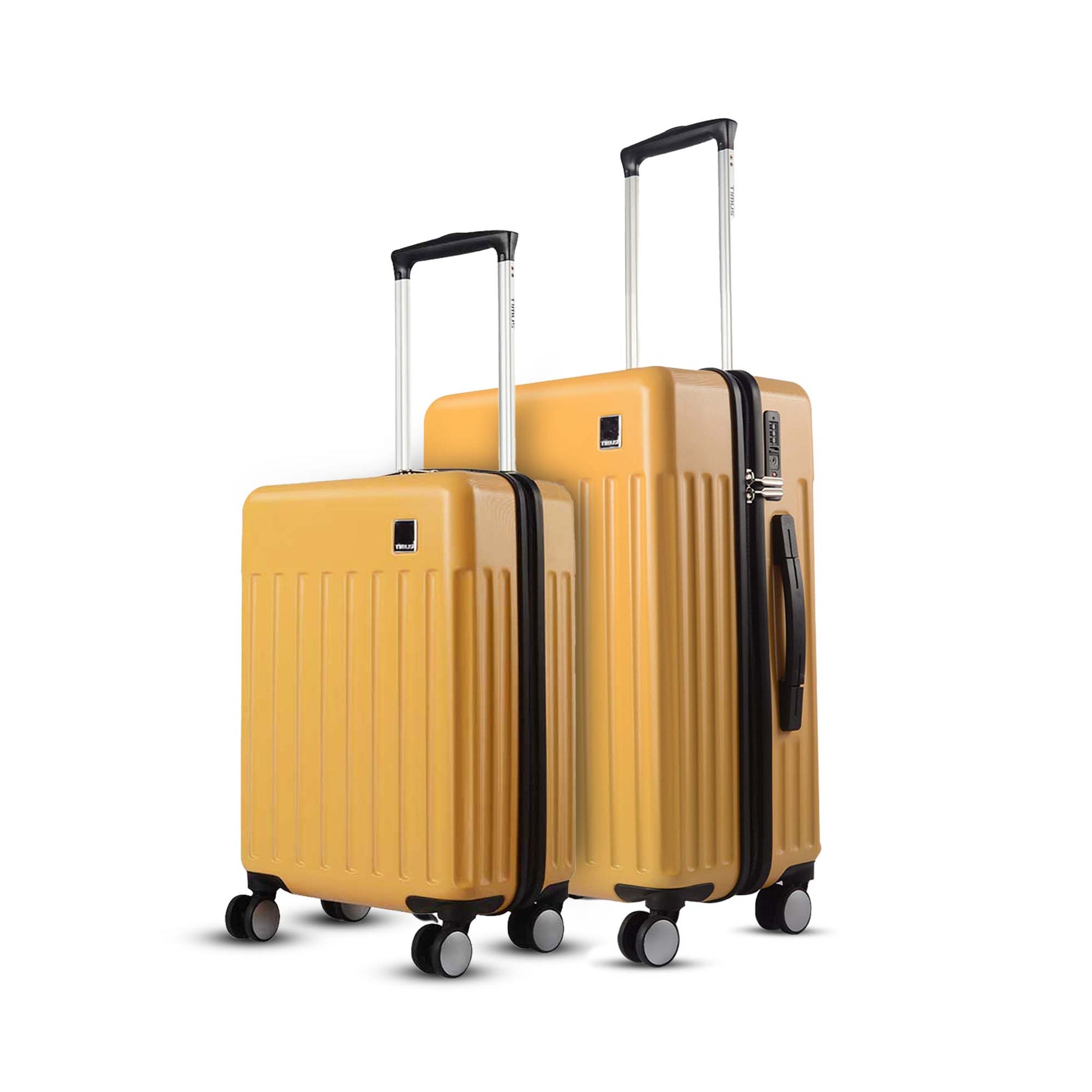 Combo view of Timus Neolite yellow 58 cm and 68 cm hard shell trolley luggage showcasing matching ribbed design, dual spinner wheels, and adjustable telescopic handles on a white background.
