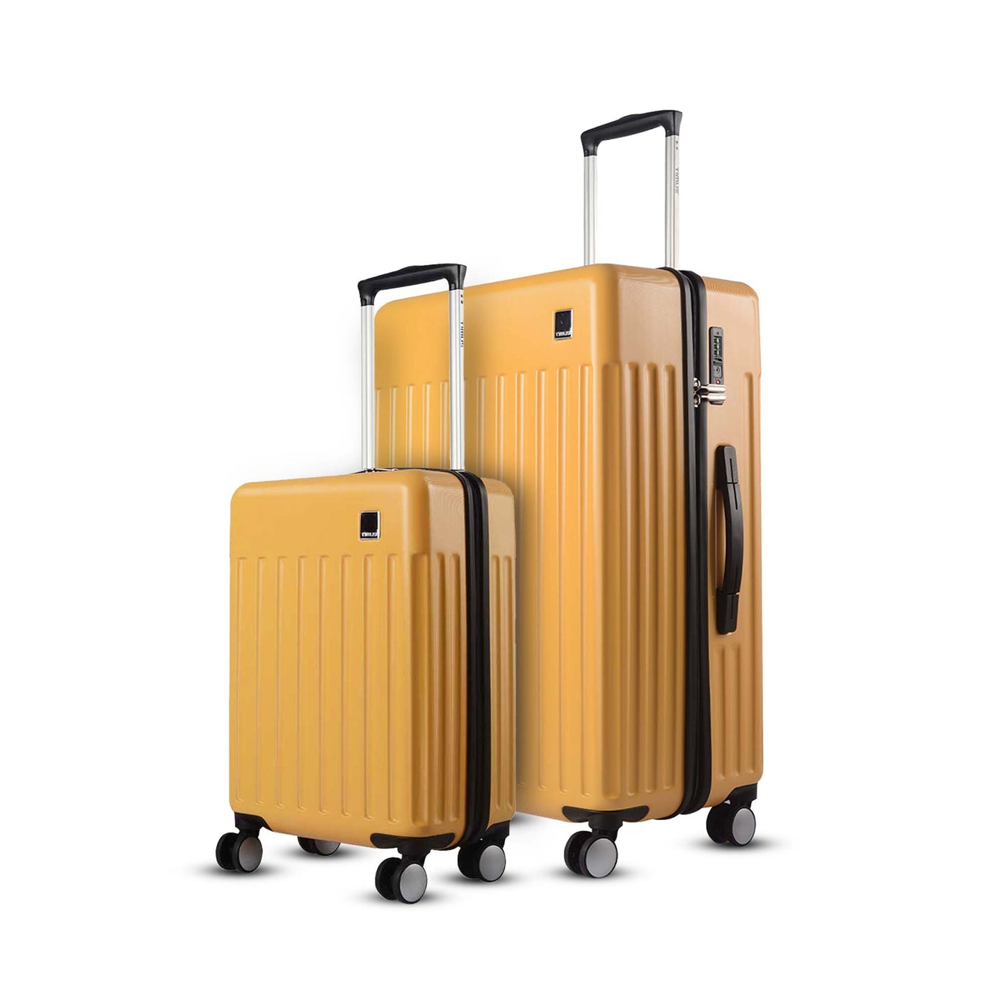 Combo view of Timus Neolite yellow 58 cm and 78 cm hard shell trolley luggage highlighting premium finish, smooth spinner wheels, and telescopic handles on a white background.