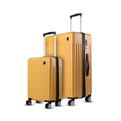 Combo view of Timus Neolite yellow 58 cm and 78 cm hard shell trolley luggage highlighting premium finish, smooth spinner wheels, and telescopic handles on a white background.