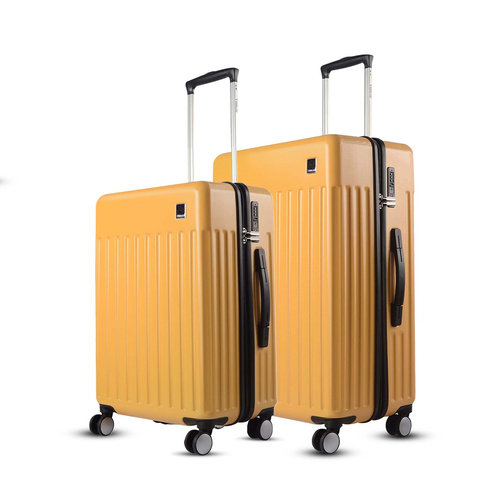 Combo view of Timus Neolite yellow 68 cm and 78 cm hard shell trolley luggage featuring vertical ribbed pattern, dual spinner wheels, and sleek design on a white background.