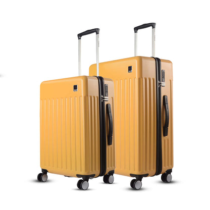 Combo view of Timus Neolite yellow 68 cm and 78 cm hard shell trolley luggage featuring vertical ribbed pattern, dual spinner wheels, and sleek design on a white background.