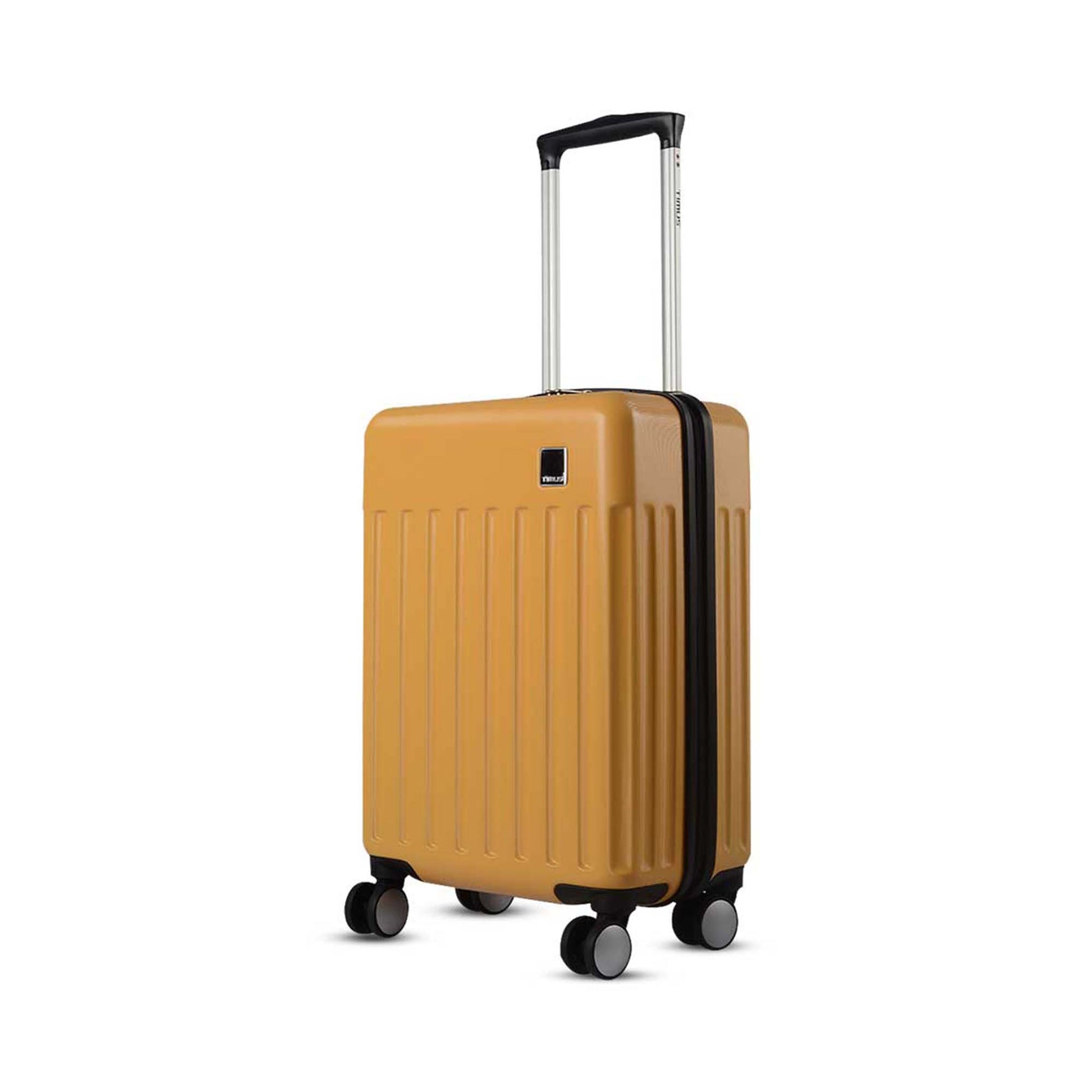Left side angled view of Timus Neolite yellow hard shell cabin trolley luggage featuring four double spinner wheels, adjustable telescopic handle, and vertical ribbed design on a white background.