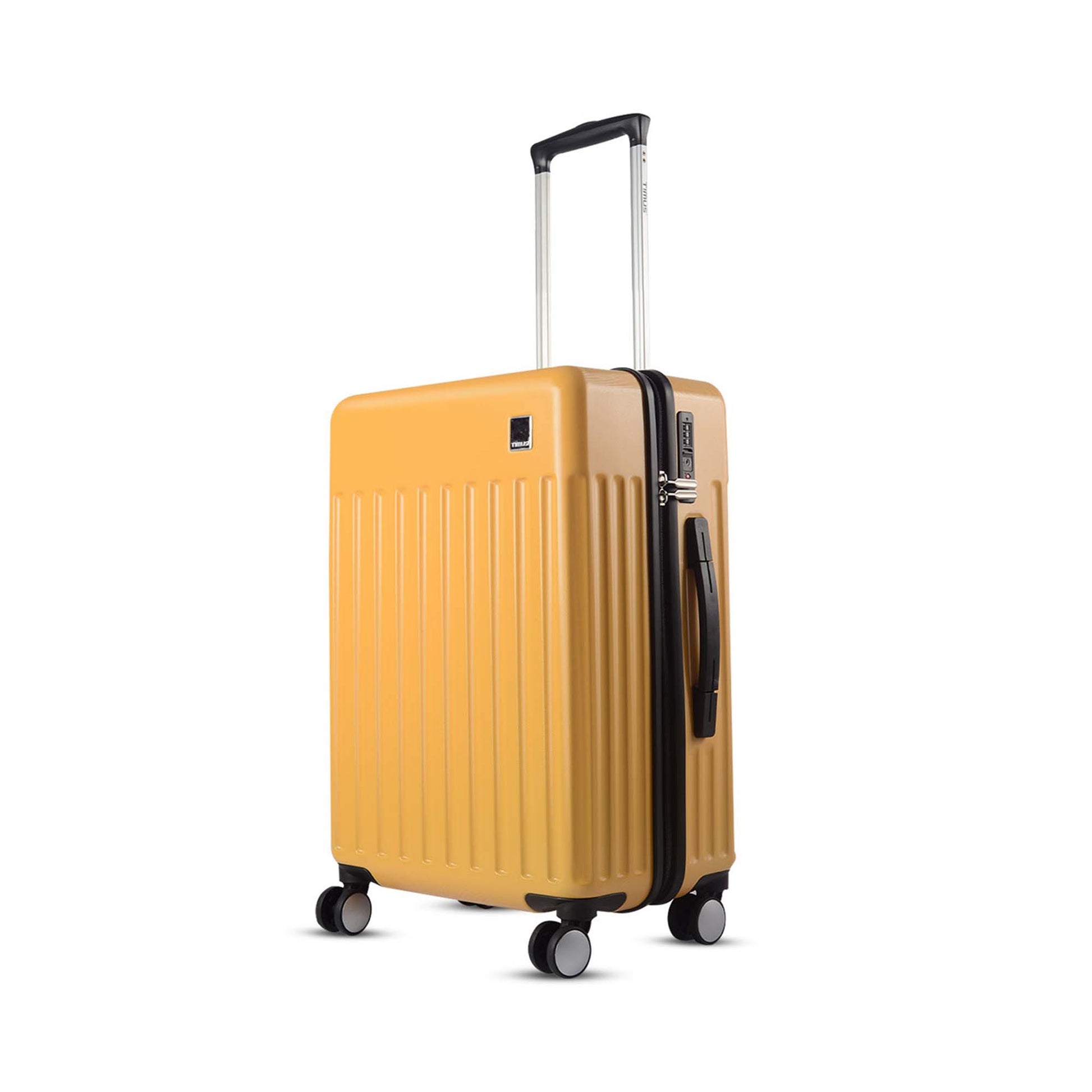 Left side angled view of Timus Neolite yellow 68 cm hard shell cabin trolley luggage featuring four double spinner wheels, adjustable telescopic handle, and vertical ribbed design on a white background.