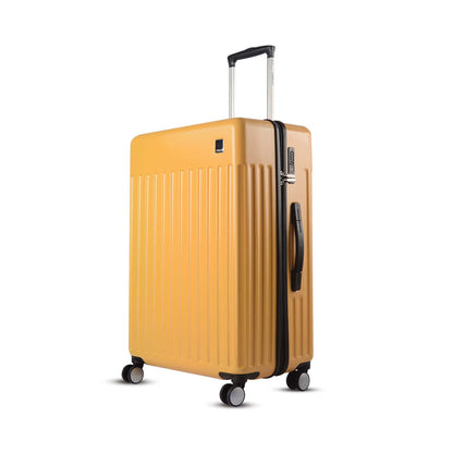 Left side angled view of Timus Neolite yellow  78 cm hard shell cabin trolley luggage featuring four double spinner wheels, adjustable telescopic handle, and vertical ribbed design on a white background.