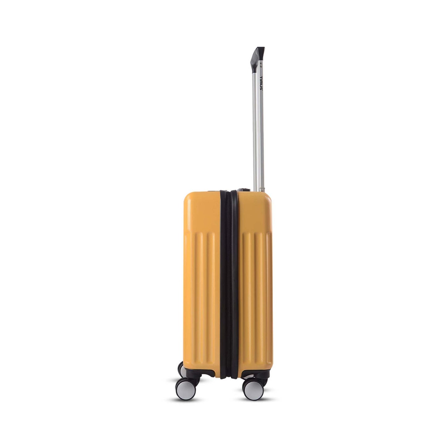 Left side view of Timus Neolite yellow hard shell cabin trolley luggage with extended telescopic handle and four spinner wheels on a white background.
