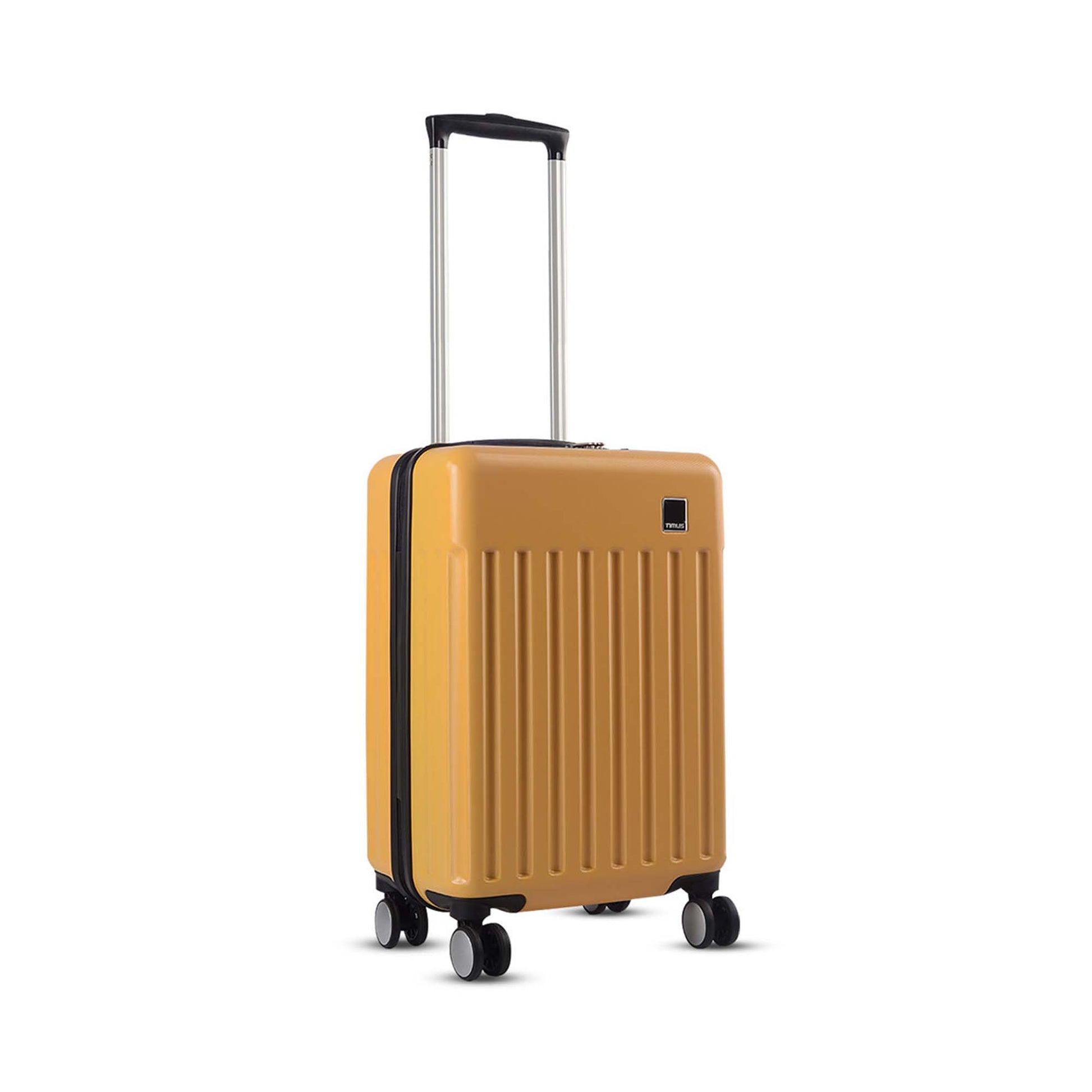 Right side angled view of Timus Neolite yellow hard shell cabin trolley luggage highlighting vertical ribbed texture, 360° double spinner wheels, and extended telescopic handle on a white background.
