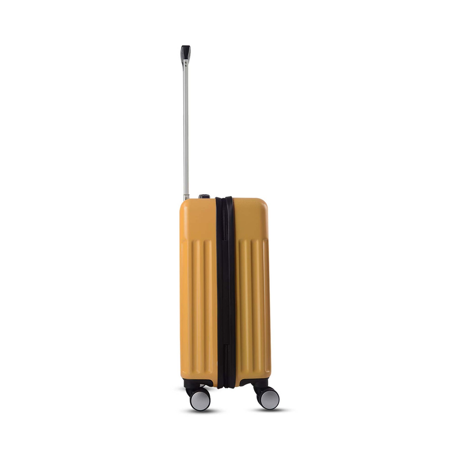 Right side view of Timus Neolite yellow hard shell cabin trolley luggage featuring extended telescopic handle and spinner wheels on a white background.