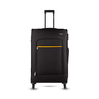 Front angled view of Timus Nexon 68 cmblack soft luggage featuring telescopic handle, dual spinner wheels, and durable fabric finish for everyday travel.