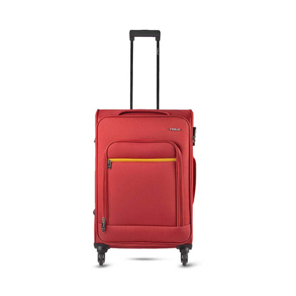 Front angled view of Timus Nexon red  68 cm soft trolley luggage with smooth spinner wheels, push-button handle, and sleek travel-ready design.