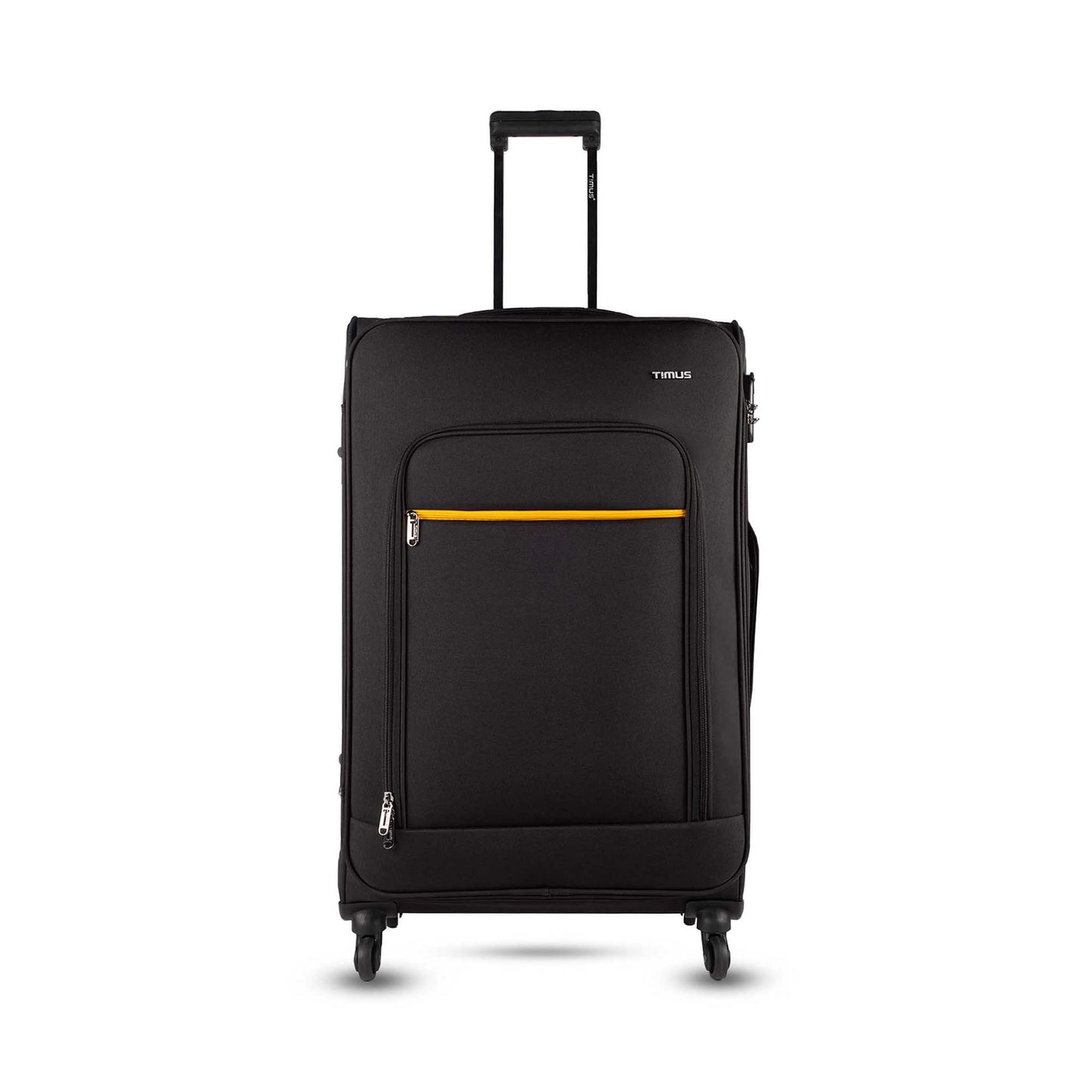 Front angled view of Timus Nexon 78 cm black soft luggage featuring telescopic handle, dual spinner wheels, and durable fabric finish for everyday travel.