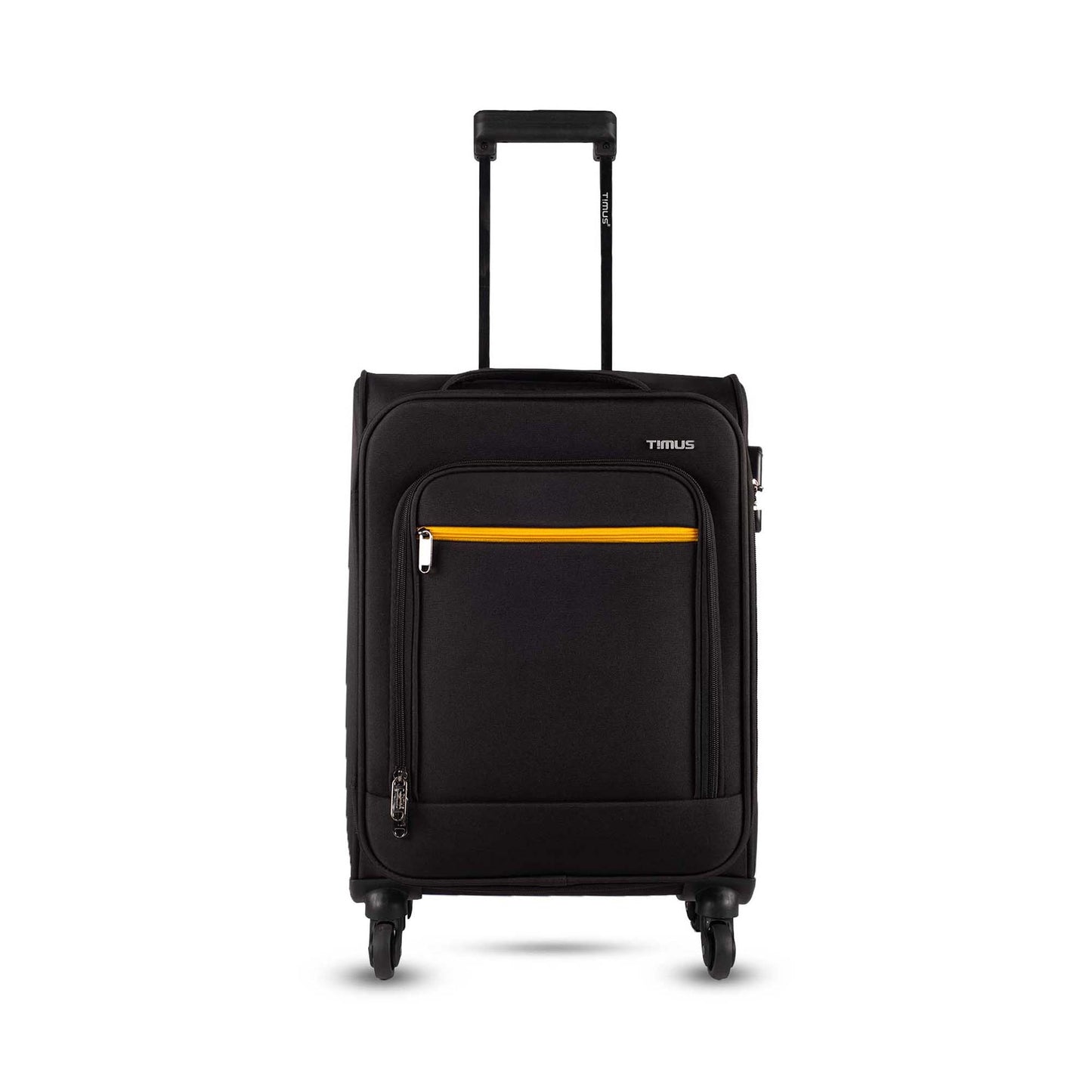 Front angled view of Timus Nexon black soft luggage featuring telescopic handle, dual spinner wheels, and durable fabric finish for everyday travel.