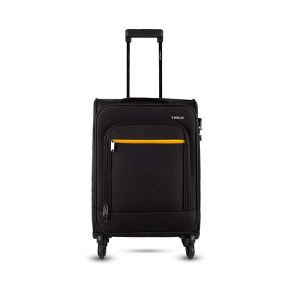 Front angled view of Timus Nexon black soft luggage featuring telescopic handle, dual spinner wheels, and durable fabric finish for everyday travel.