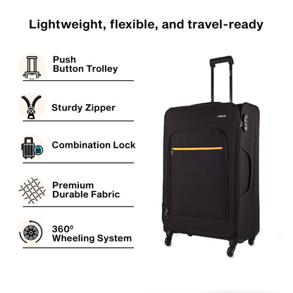 Creative graphic of Timus Nexon black soft luggage emphasizing its lightweight, flexible, and travel-ready construction ideal for frequent flyers.
