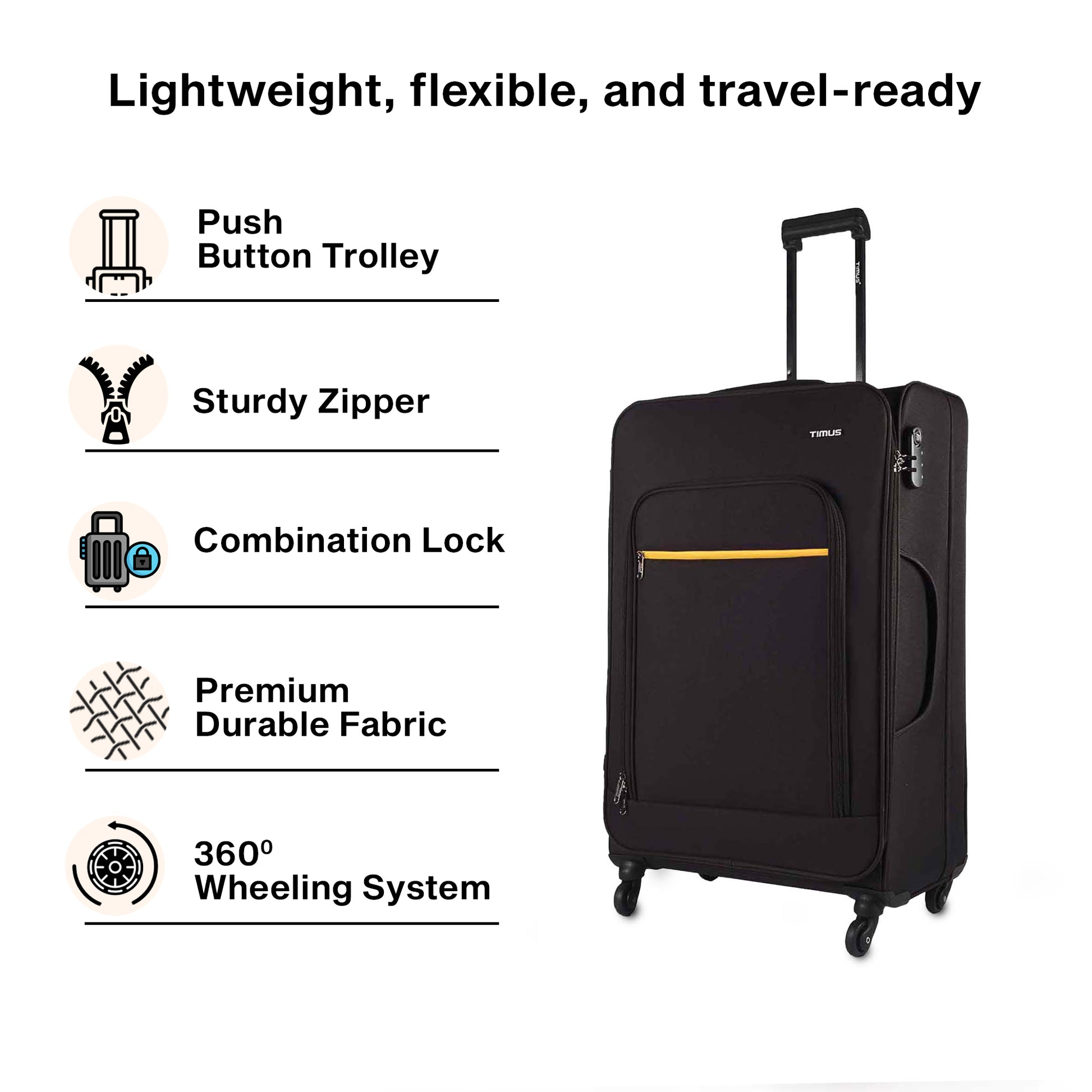 Creative graphic of Timus Nexon black soft luggage emphasizing its lightweight, flexible, and travel-ready construction ideal for frequent flyers.