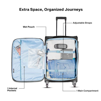 Open view of Timus Nexon black luggage displaying roomy dual compartments, cross straps, and organized mesh pocket for neat packing.