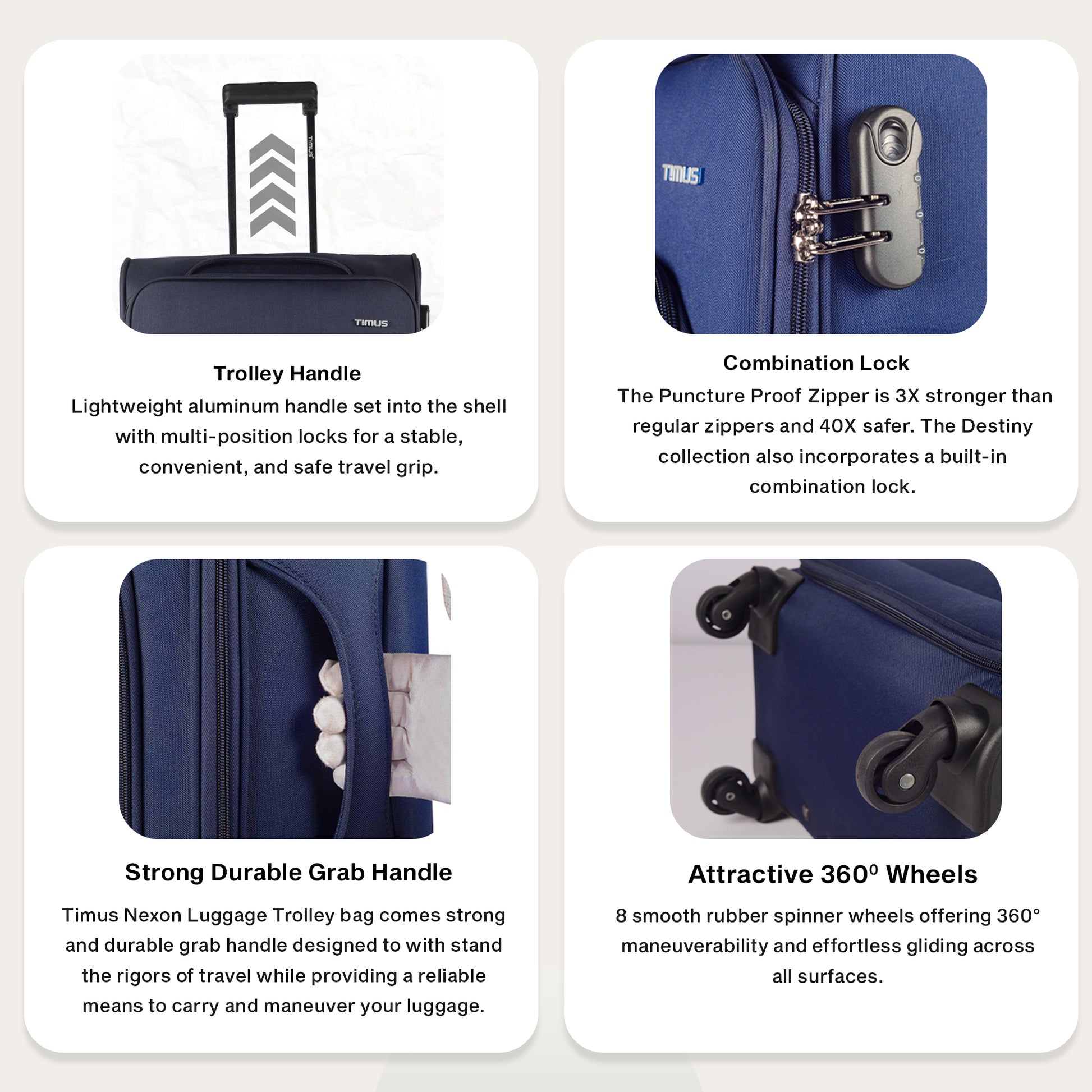 Feature collage of Timus Nexon blue luggage highlighting 360° smooth spinner wheels, TSA lock, telescopic handle, and durable fabric texture.